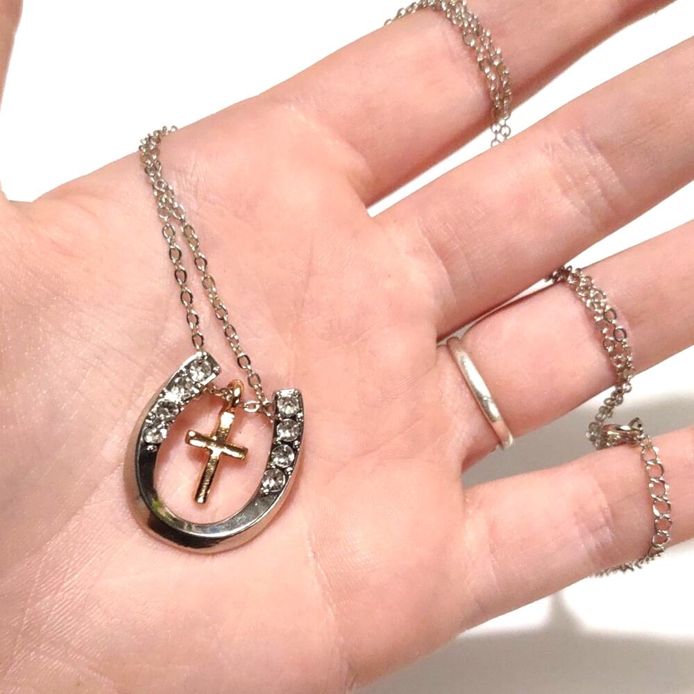 Silver Plated Gold Cross Necklace Rhinestone Horseshoe Equestrian Christian New!